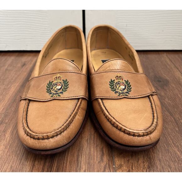 POLO RALPH LAUREN Men’s Vintage Camel Leather Embroidered Crest Loafers Sz 9.5D main image 11